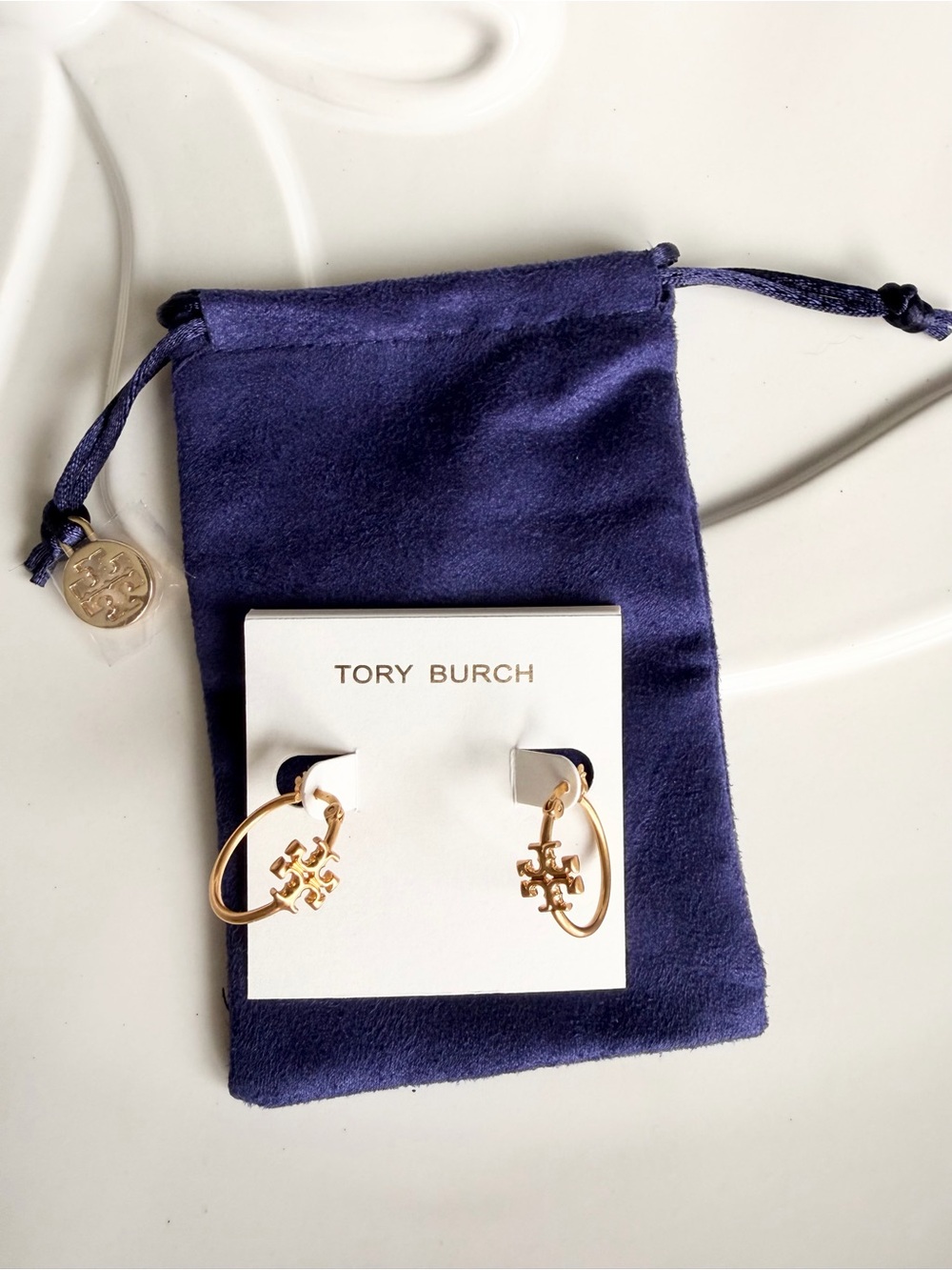 Tory Burch Gold Logo Hoop Earrings with Pendant Charm